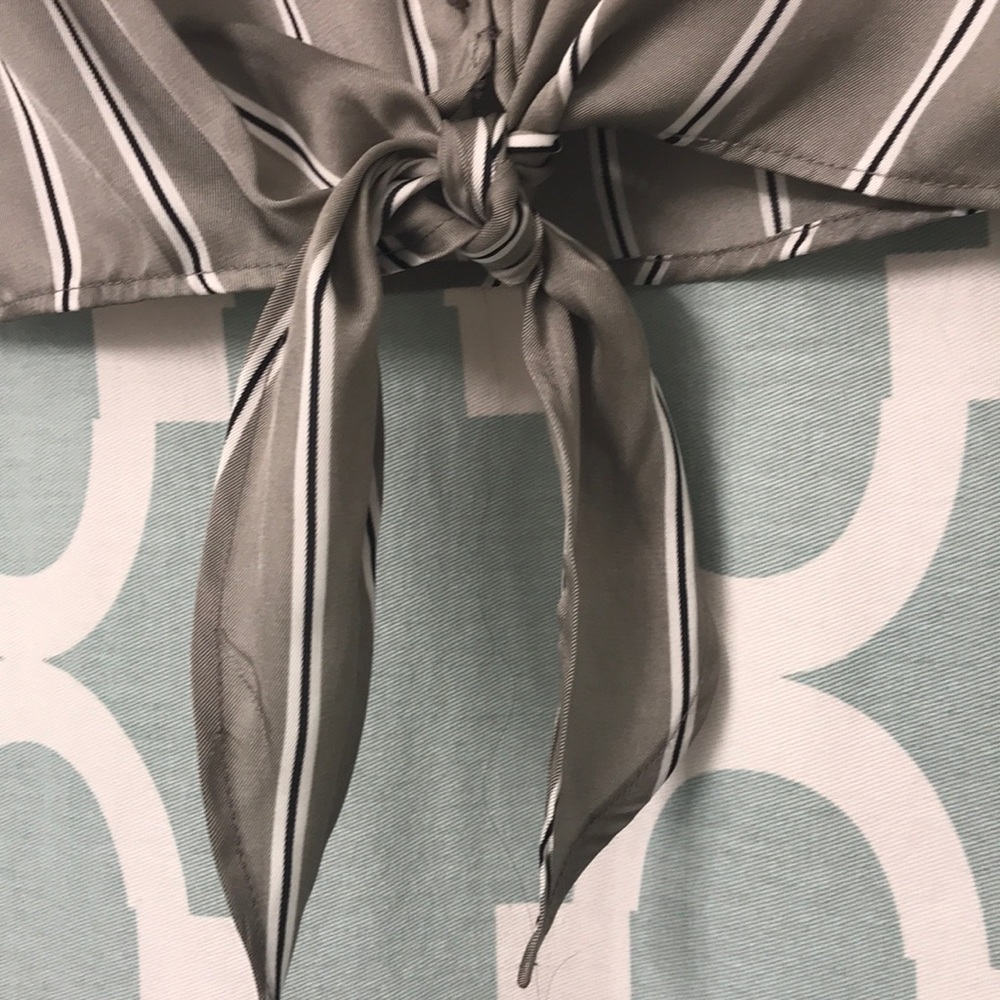 Grey Striped Tie Front Blouse - Picture 3 of 5